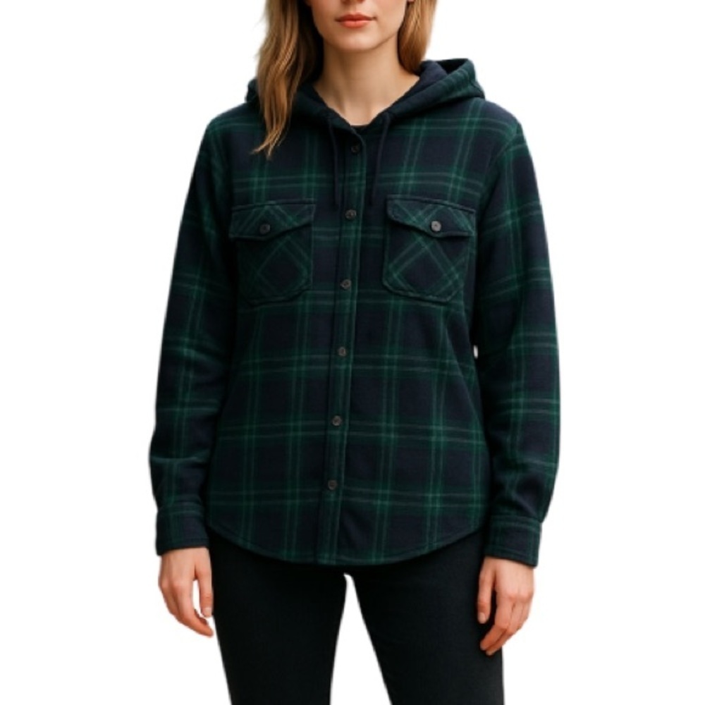 REALTREE Plaid Fleece Hooded Shirt Jacket Navy Green Sherpa Lined Pockets Size S